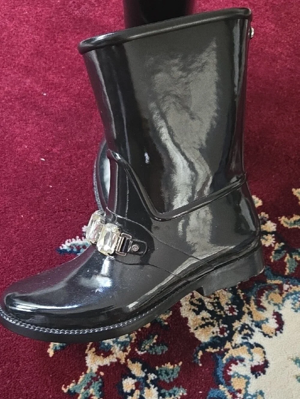 Michael Kors Black Patent Rain Boots with Clear Gem Accents